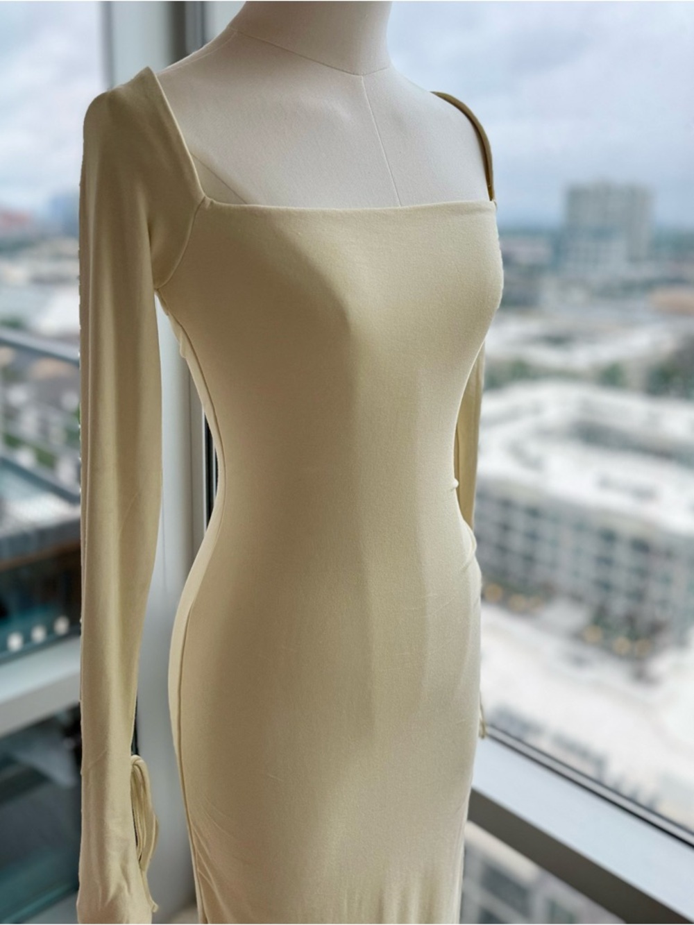 Oh Polly Square-Neck Long Sleeve Midi Dress in Cream